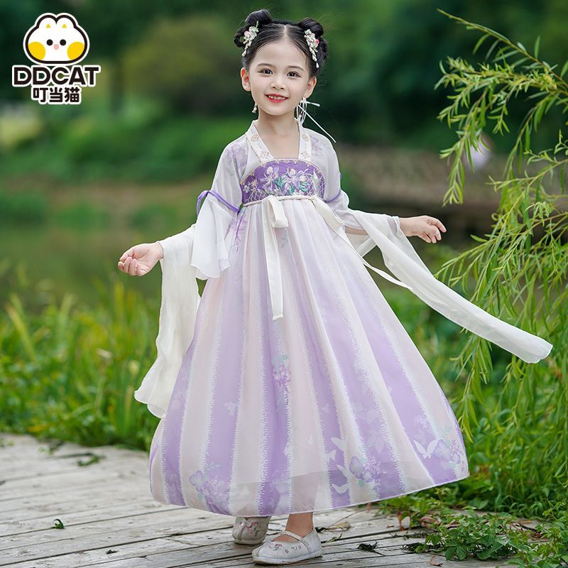 叮噹貓漢服女童夏季裙子中國風唐裝兒童裝古裝超仙女孩古風連衣裙