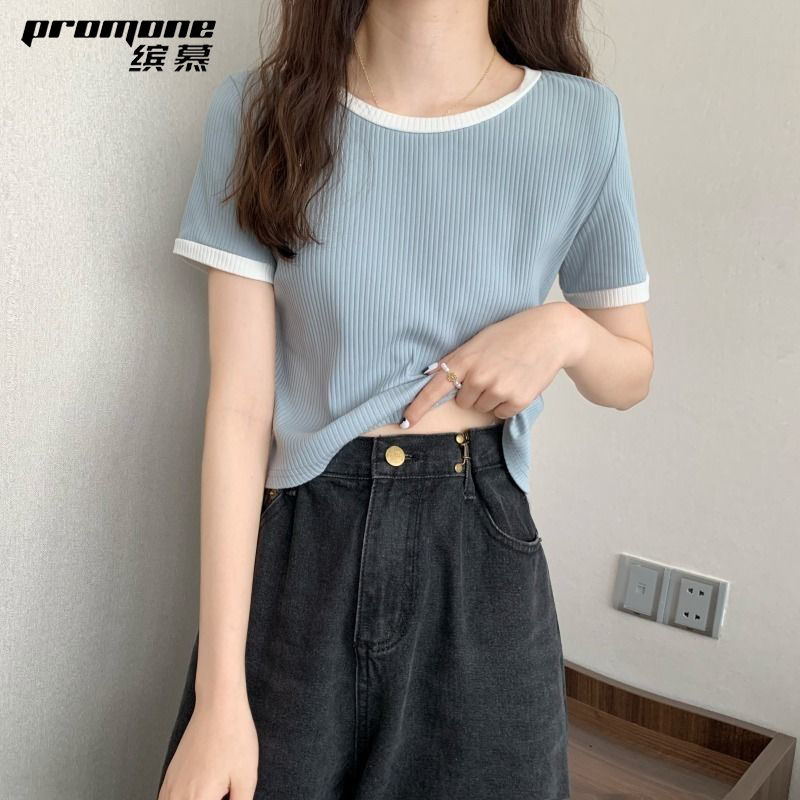 PROMONE夏季新款韓版簡約百搭修身顯瘦洋氣短袖上衣t恤女設計感潮