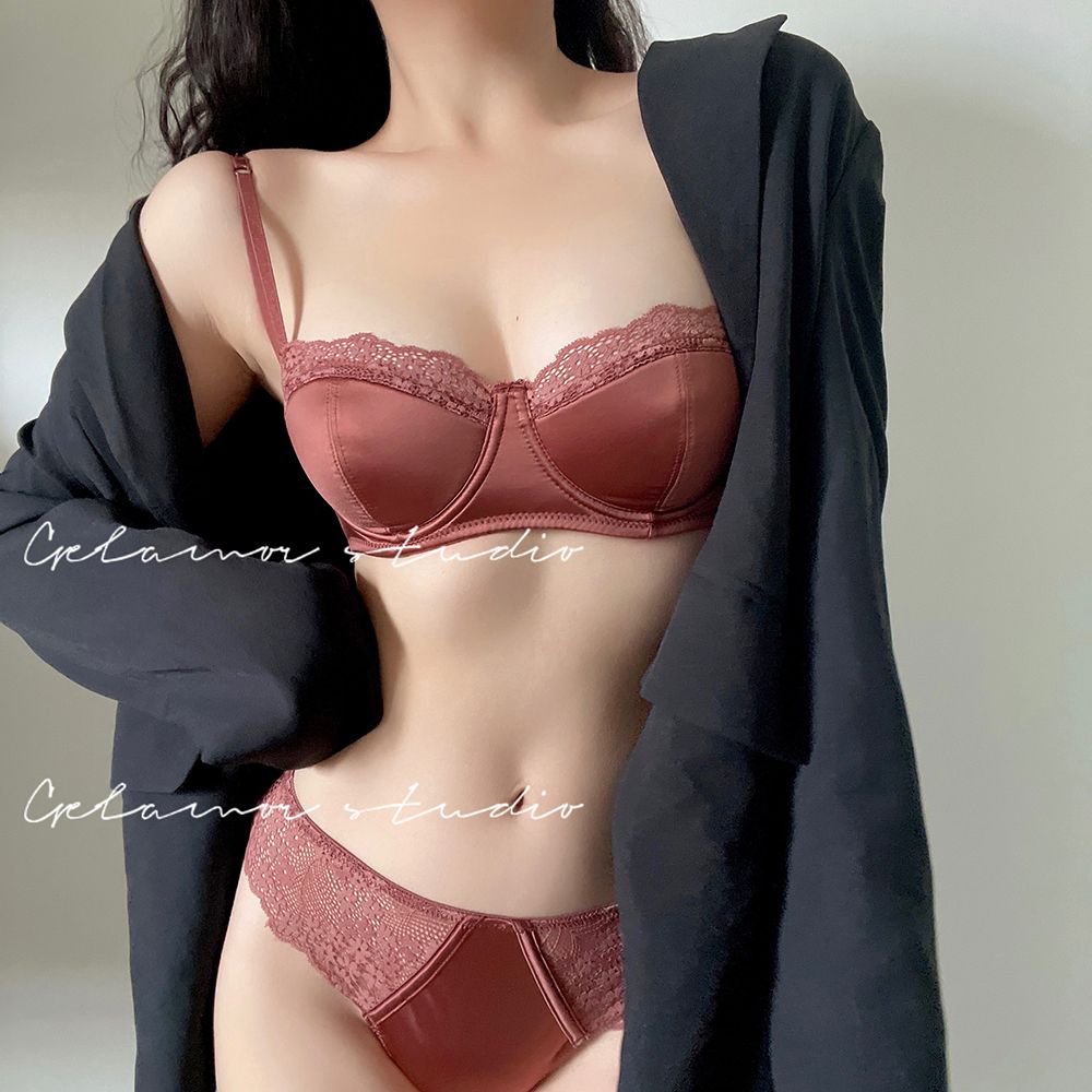 New underwear thin section women's small breasts gathered breasts to prevent sagging French sexy lace half cup bra set