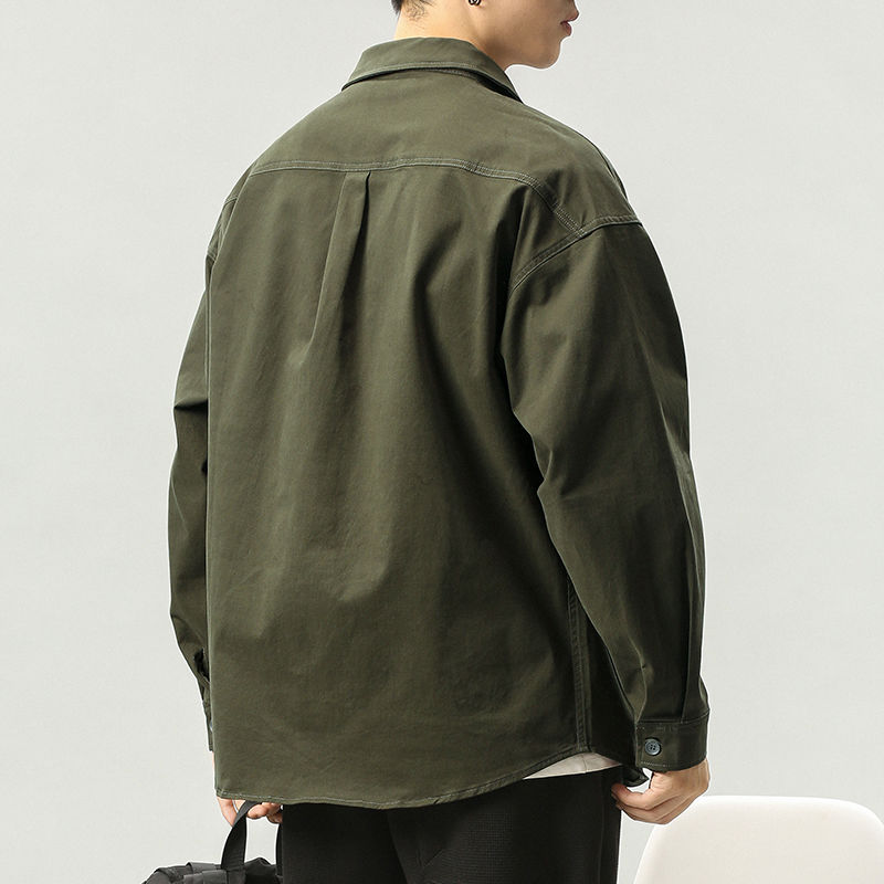 Japanese style Harajuku style long-sleeved shirt men's American multi-pocket tooling style pure cotton shirt army green handsome jacket