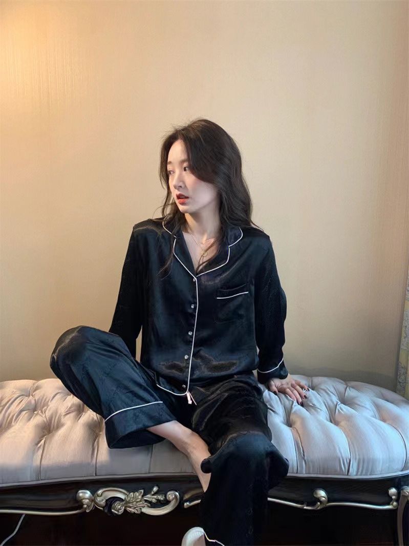 French style high-end long-sleeved pajamas women's ice silk  spring and autumn new simple temperament home service suit summer