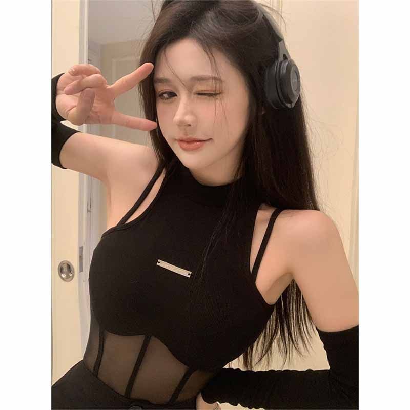 Spring and summer women's black t-shirt with suspenders new splicing mesh slim sexy hot girl fishbone top with sleeves
