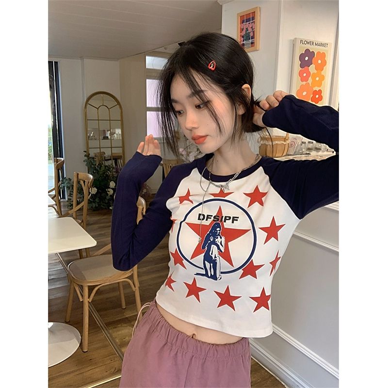 美式辣妹T恤女秋季2023新款星星印花撞色修身顯瘦短款長袖上衣潮