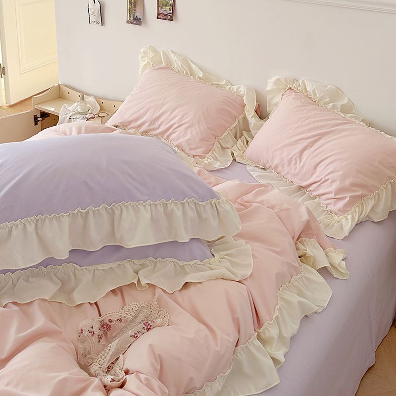 ins法式浪漫奶油风水洗棉床上四件套撞色花边被套床单纯色三件套