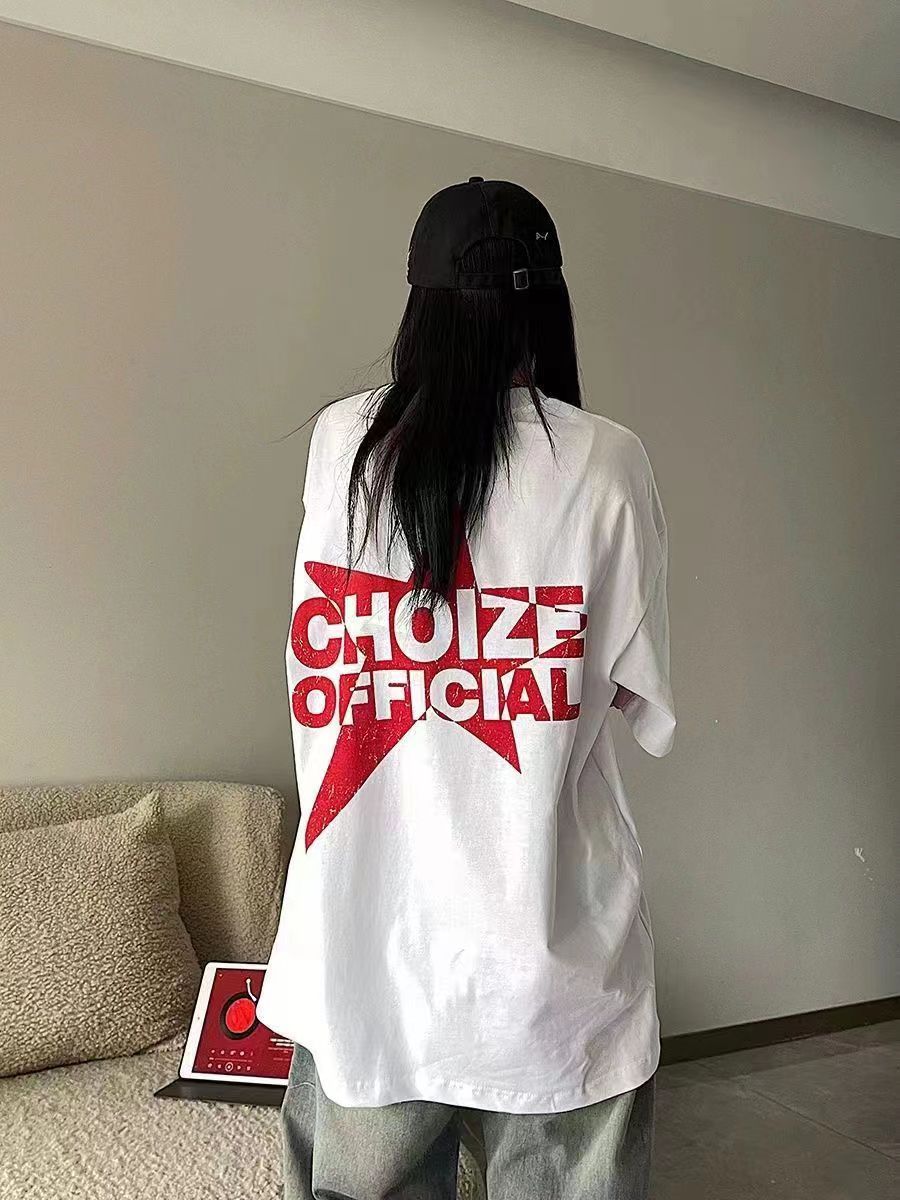 100%純棉2023夏季美式復古字母星星印花短袖中長款寬鬆情侶t恤潮