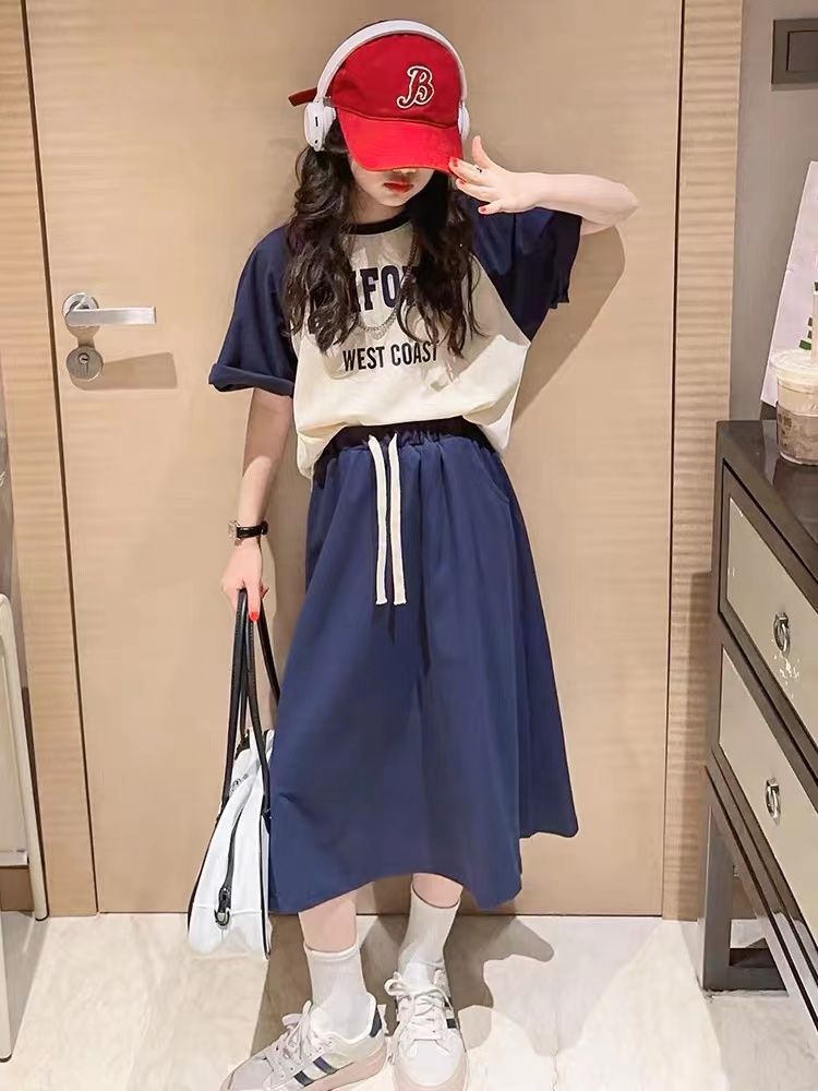 女童夏季短袖套裝半身長裙2023潮款女孩休閒T恤半身裙韓系兩件套