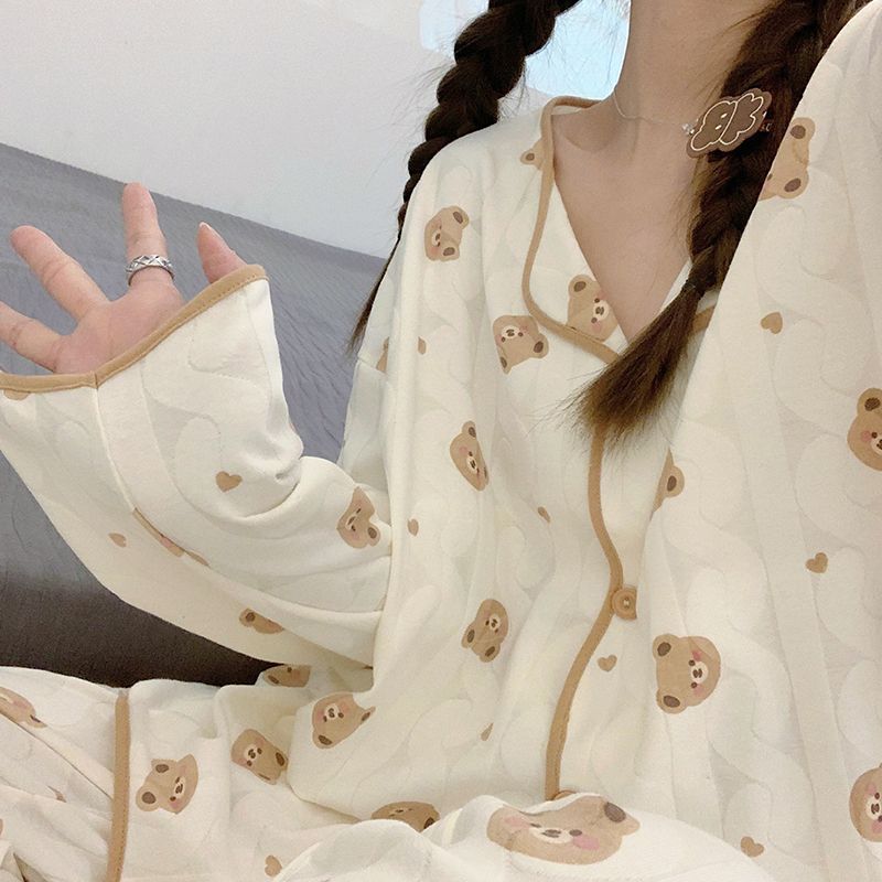 新款睡衣女春秋季長袖開衫套裝可愛寬鬆冬天網紅家居月子服可外穿