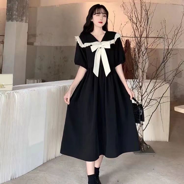 赫本風大碼胖mm娃娃領學院風新款2023蝴蝶結連衣裙女韓版中長裙夏