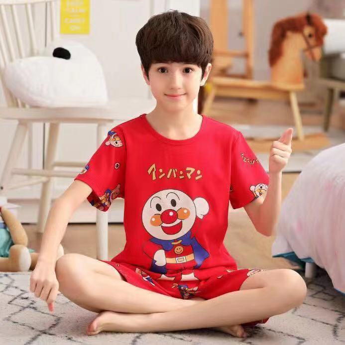 Children's pajamas boys summer suit short-sleeved cotton pullover small medium and big baby home clothes summer cotton net red