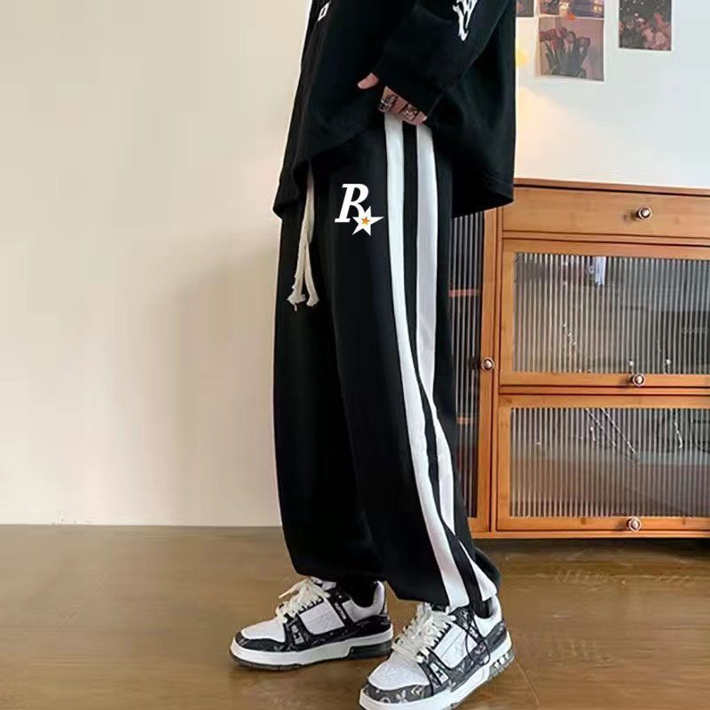 High street straight trousers ins Hong Kong style spring and autumn all-match boys trousers trendy brand loose striped sports casual pants