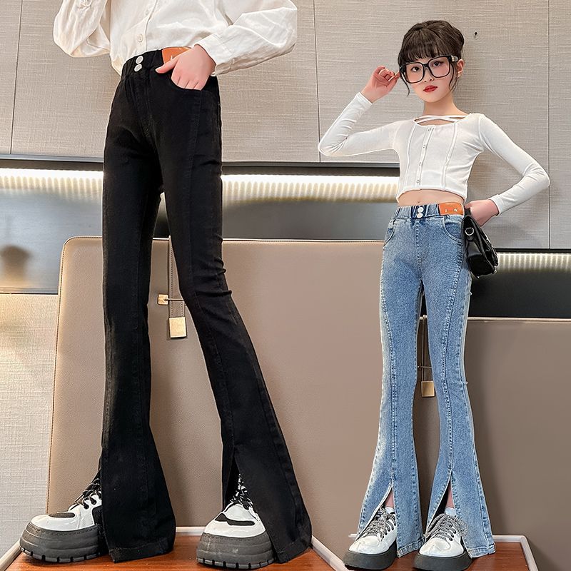 女童褲子兒童微喇叭褲春季新款2023洋氣中大童彈力開叉牛仔褲黑色