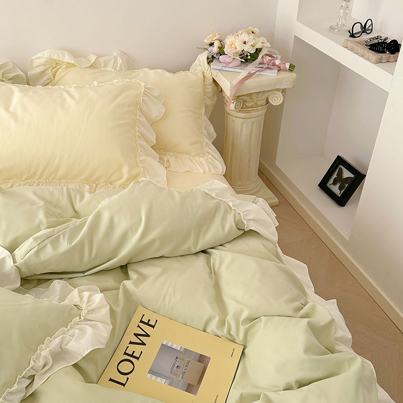 ins法式浪漫奶油风水洗棉床上四件套撞色花边被套床单纯色三件套