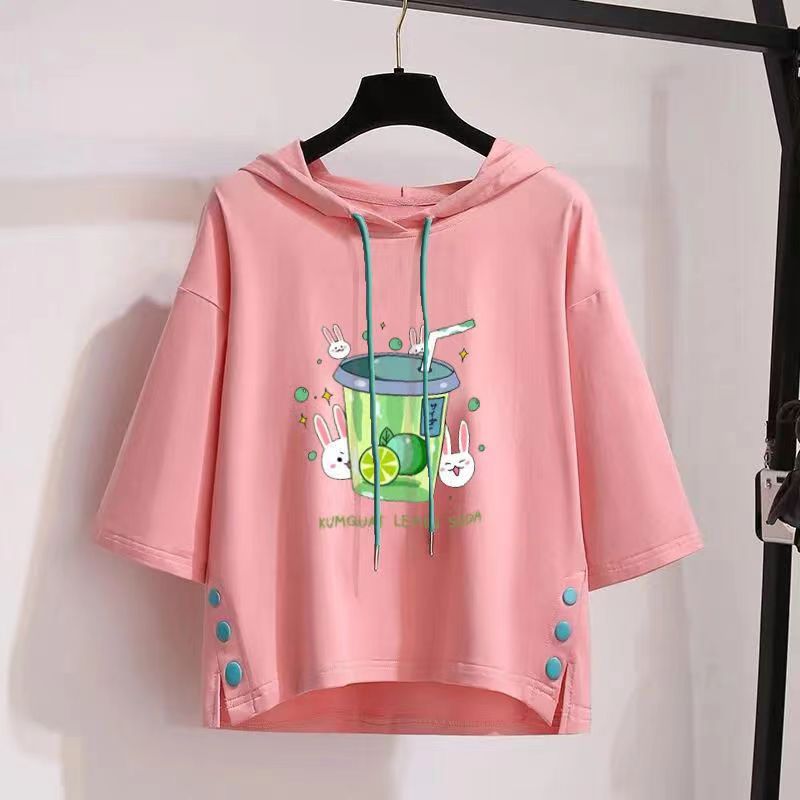 Explosive short-sleeved three-quarter-sleeve hooded sweater women's mid-sleeve spring and summer Korean version loose large size t-shirt tops all-match women