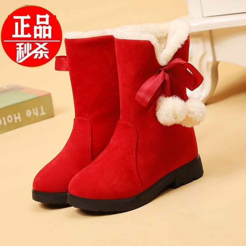 送袜子】女童公主雪地靴冬中国风一脚蹬高筒保暖加绒防寒红色棉鞋