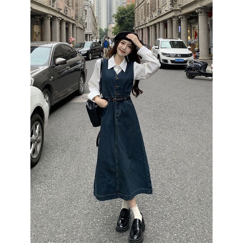 Denim vest dress women's spring new style salt style light mature college style wear French two-piece suit long skirt