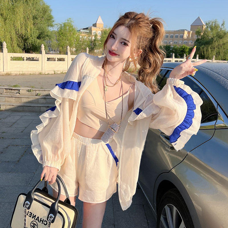 早春休閒時尚套裝女小個子2023夏季新款連帽防曬服外套短褲兩件套