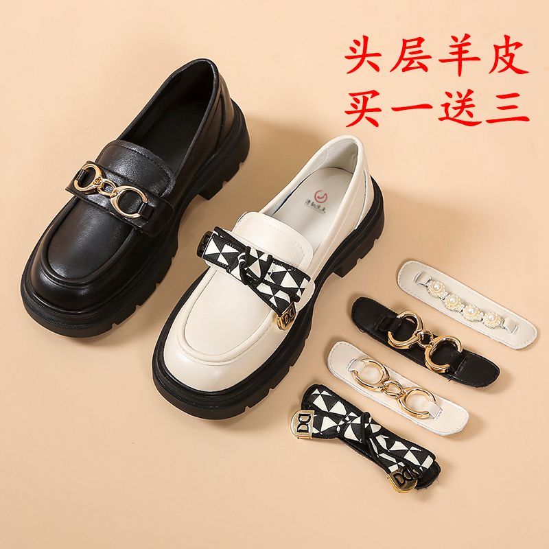 頭層羊皮飾扣可換厚底樂福鞋女2023新款復古單鞋蝴蝶結一腳蹬皮鞋