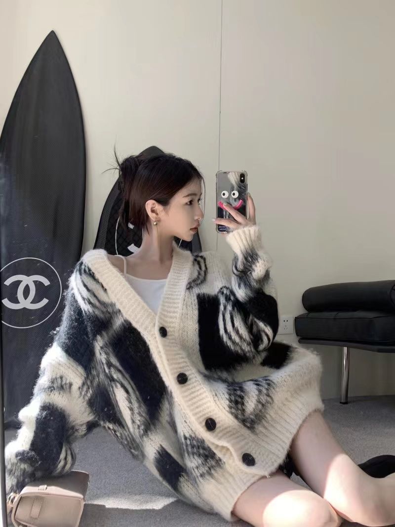 美式復古個性撞色毛衣開衫針織外套女韓系慵懶風春秋新款上衣女