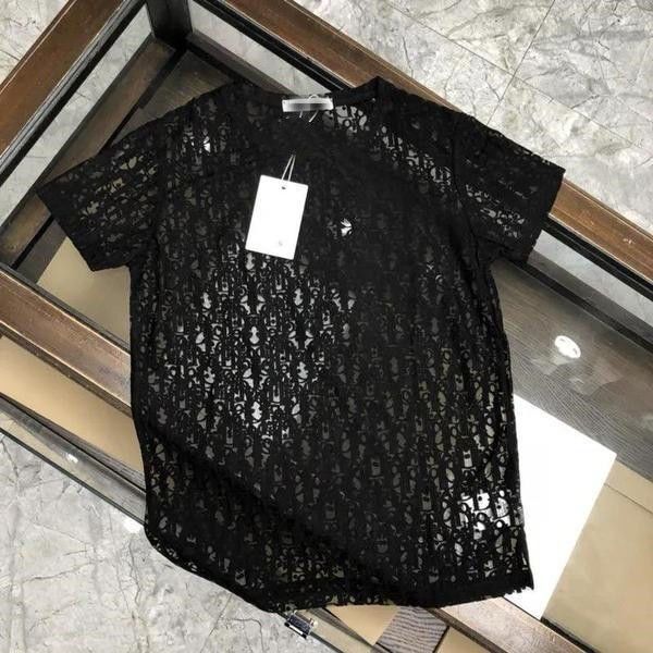 透明上衣薄紗蕾絲男裝冰絲男t恤錦綸鏤空透氣潮流體恤網眼t恤潮男