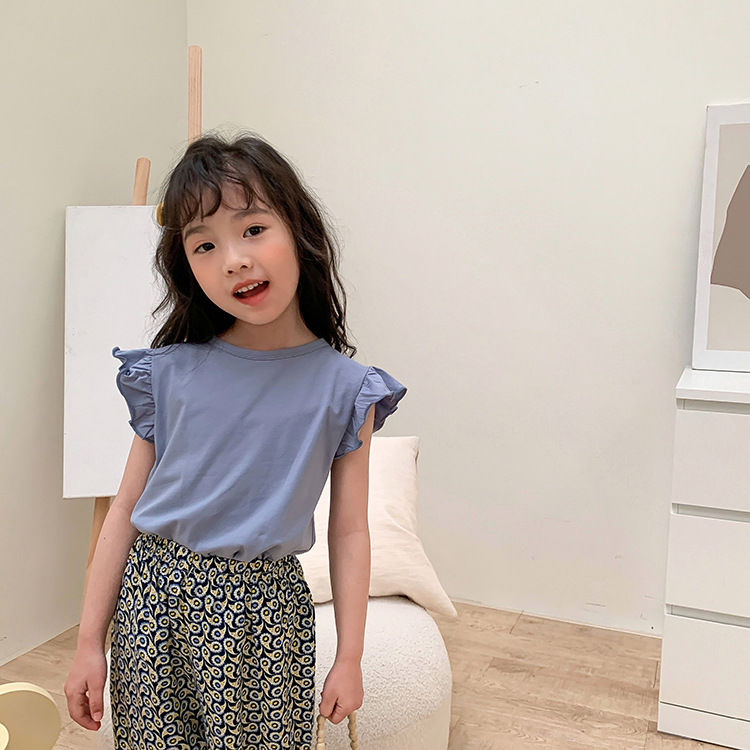 2023 summer new children's clothing Korean version of foreign style T-shirt girl baby solid color sweet tops flying sleeves girls short-sleeved T