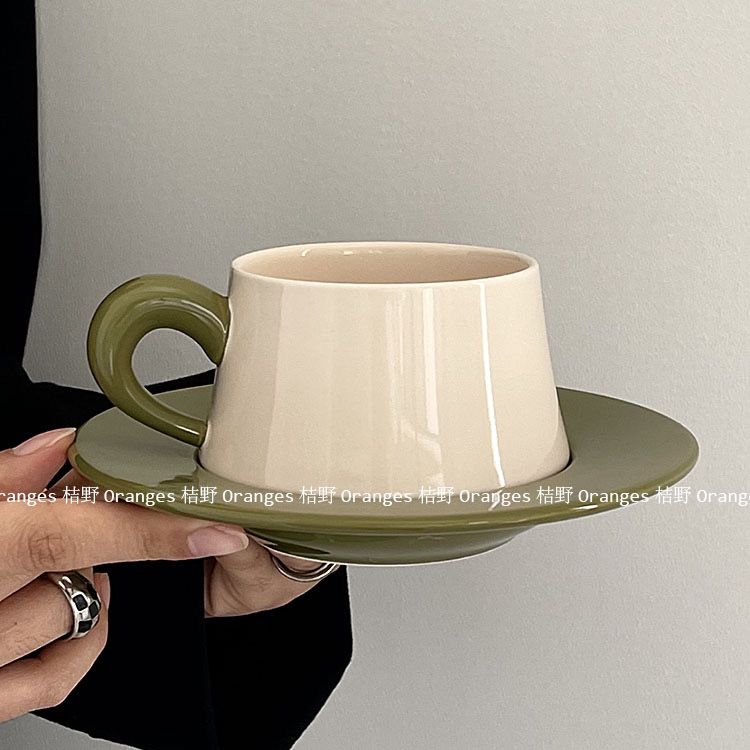 送勺子 初秋复古小众绿咖色咖啡杯碟陶瓷拿铁杯下午茶杯新款宫廷