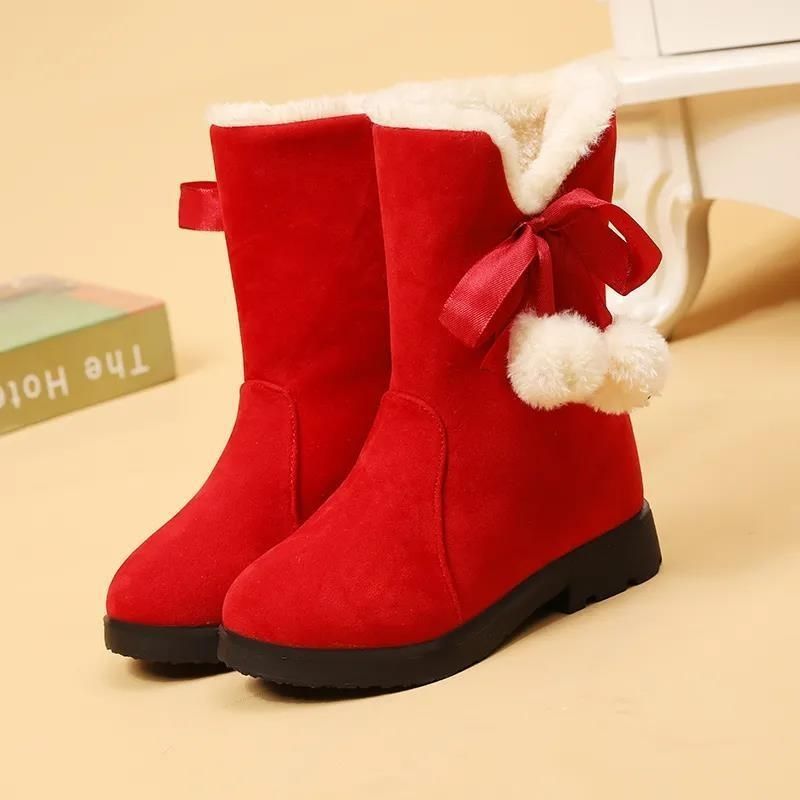 送袜子】女童公主雪地靴冬中国风一脚蹬高筒保暖加绒防寒红色棉鞋