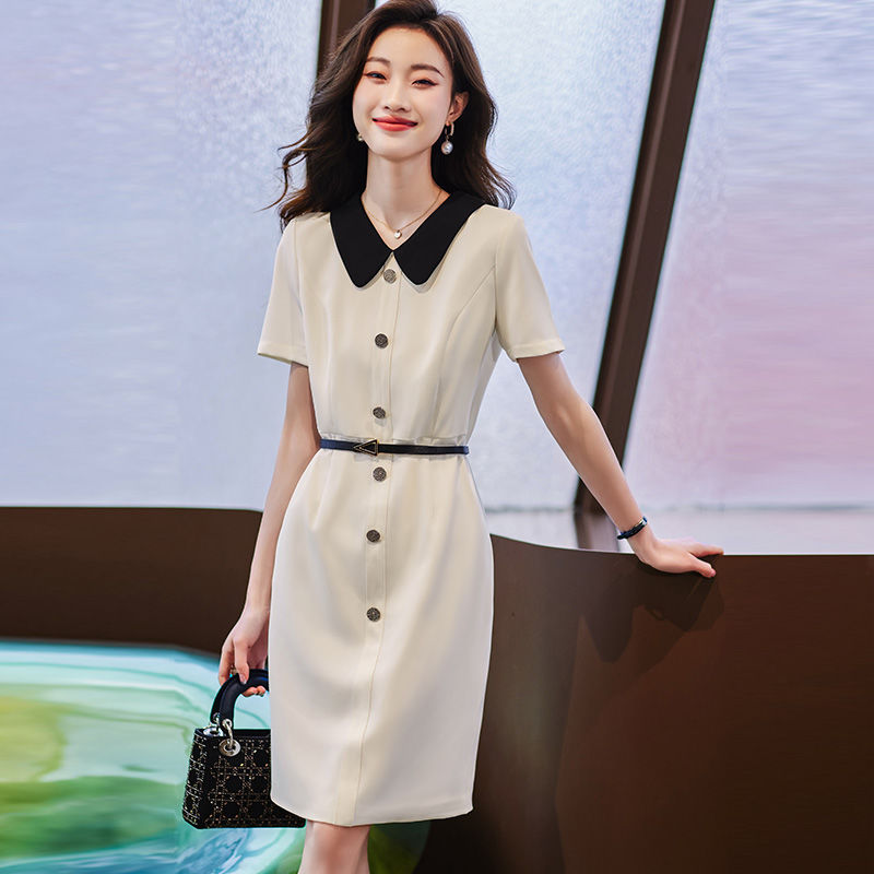 White dress women's summer short-sleeved  new high-end sense small celebrity temperament waist professional skirt