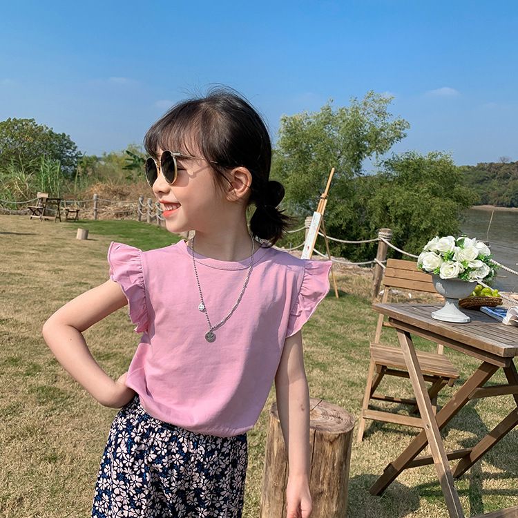 2023 summer new children's clothing Korean version of foreign style T-shirt girl baby solid color sweet tops flying sleeves girls short-sleeved T