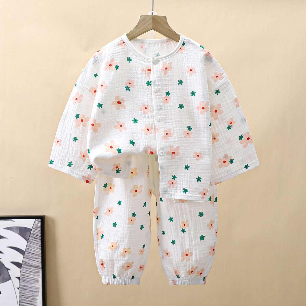 Children's thin double-layer cotton gauze three-quarter sleeve pajamas summer cotton home service men and women baby cropped pants suit