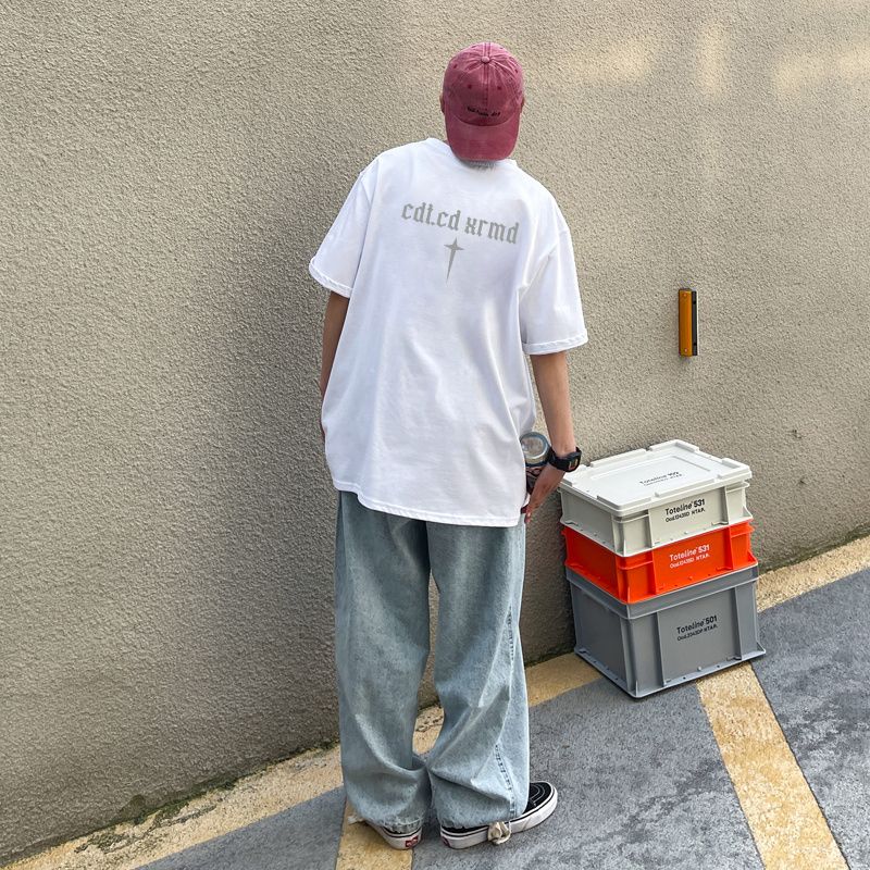 美式高街oversize潮牌字母印花純棉短袖T恤男女復古寬鬆圓領上衣