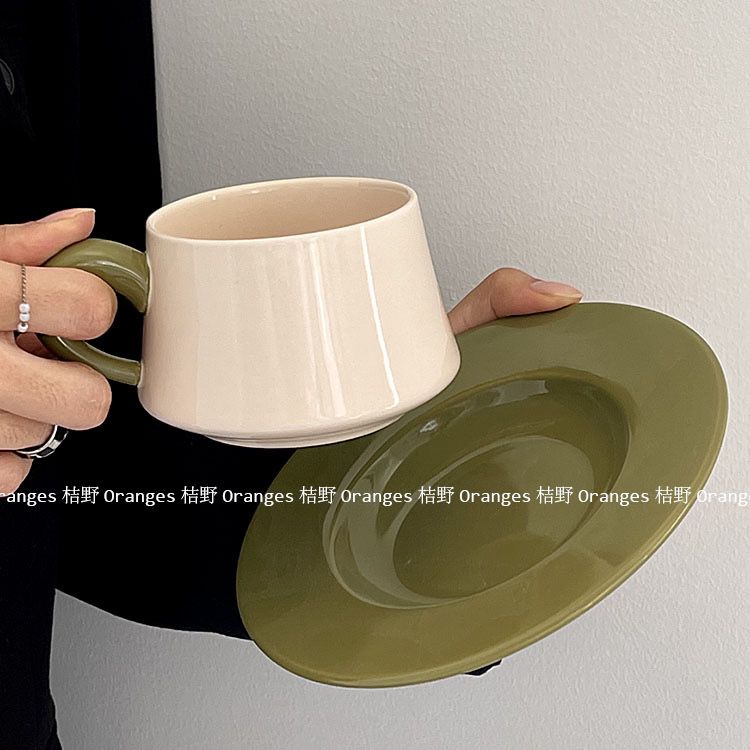 送勺子 初秋复古小众绿咖色咖啡杯碟陶瓷拿铁杯下午茶杯新款宫廷