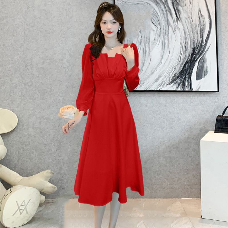 法式優雅方領長袖純色名媛氣質設計感連衣裙女2023年夏季新款大碼