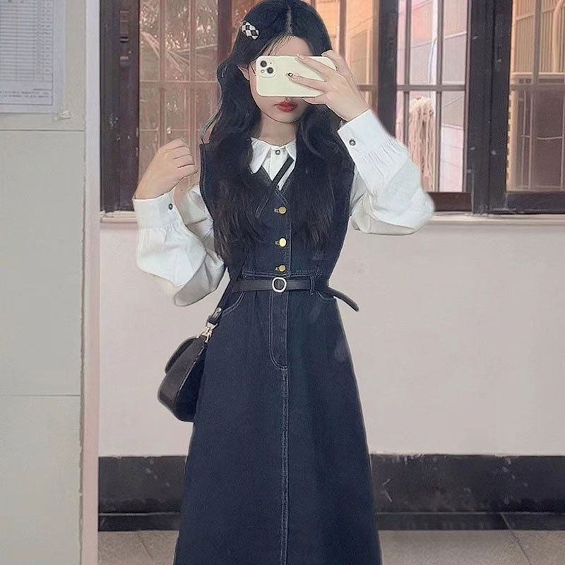 Denim vest dress women's spring new style salt style light mature college style wear French two-piece suit long skirt