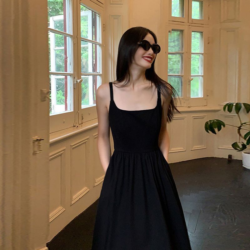 Pusumede black stitching dress women's spring new suspender skirt high-level temperament sleeveless little black dress