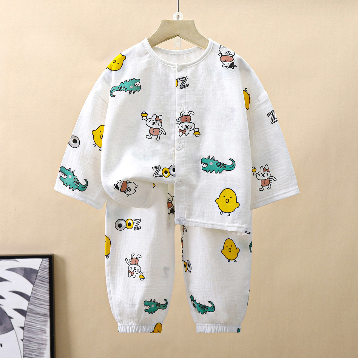 Children's thin double-layer cotton gauze three-quarter sleeve pajamas summer cotton home service men and women baby cropped pants suit