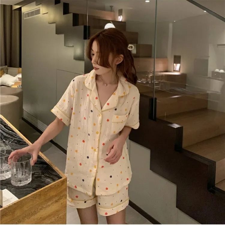 Polka dot pajamas women's summer thin section baby cotton short-sleeved student ins sweet simple home clothes suit loose