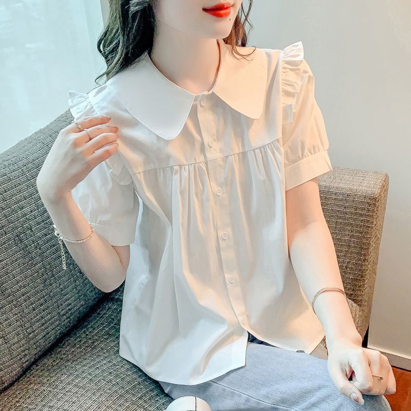 夏裝新款白色短袖娃娃領襯衫女顯瘦學院風甜美上衣服洋氣娃娃衫潮