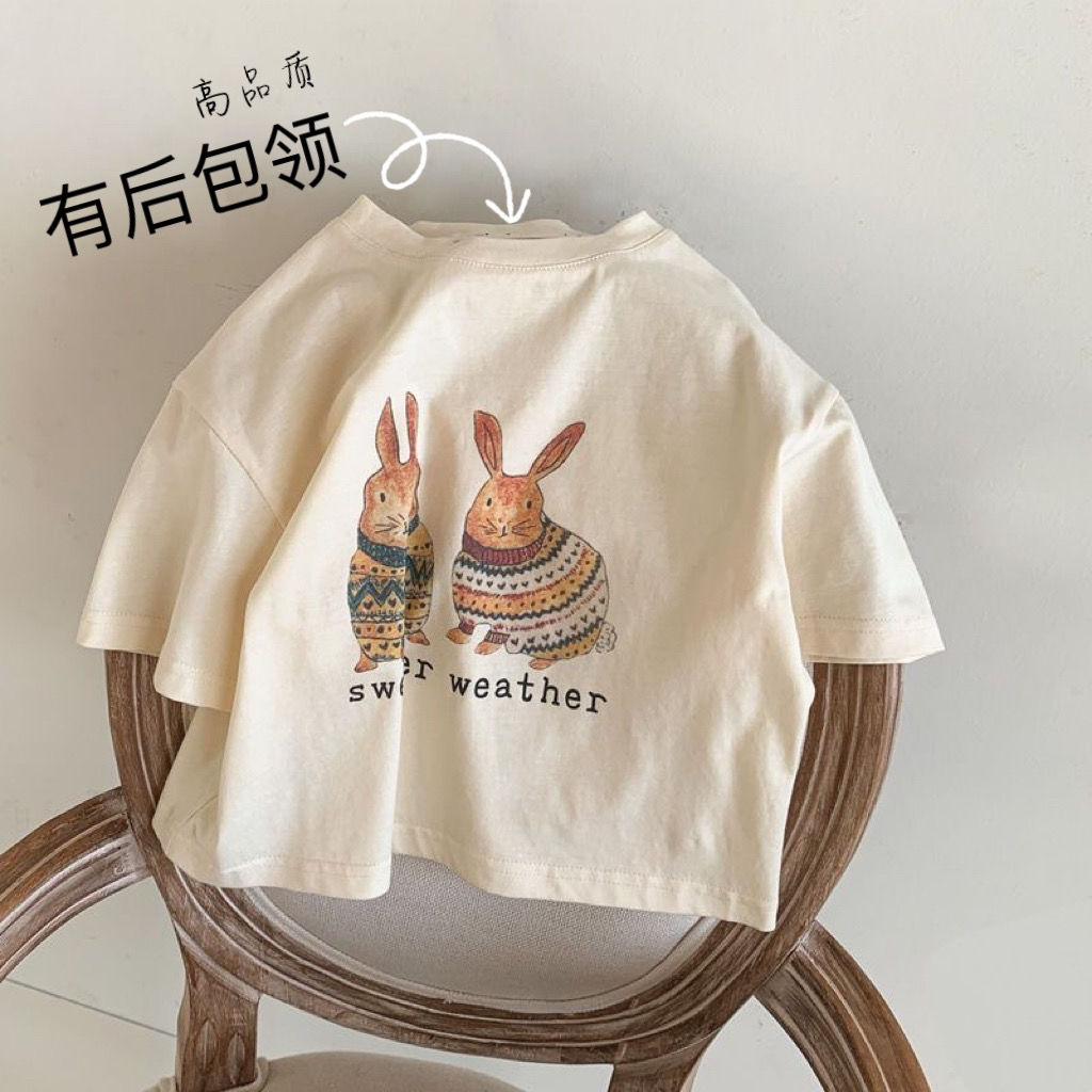 100% pure cotton cute small and medium children's clothing girls baby short-sleeved Korean version of the rabbit print t-shirt half-sleeved top thin T-shirt