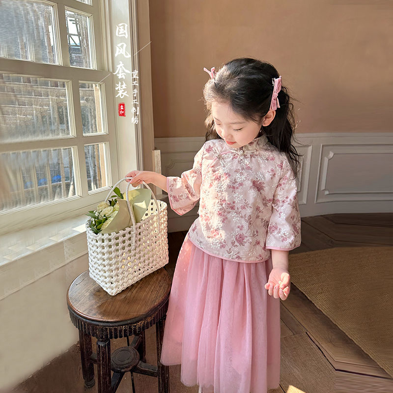 女童春秋套裝2023新款古裝唐裝兒童夏季中國風漢服兩件套公主裙子