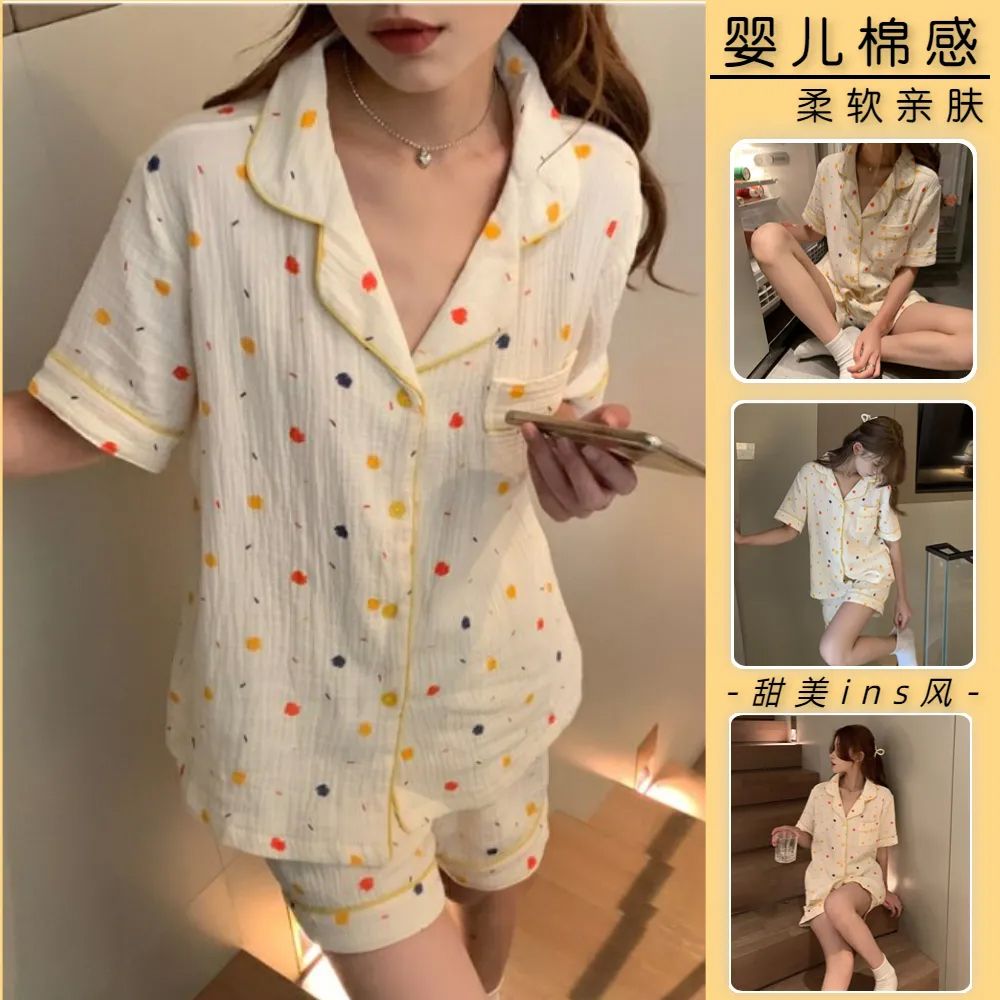 Polka dot pajamas women's summer thin section baby cotton short-sleeved student ins sweet simple home clothes suit loose