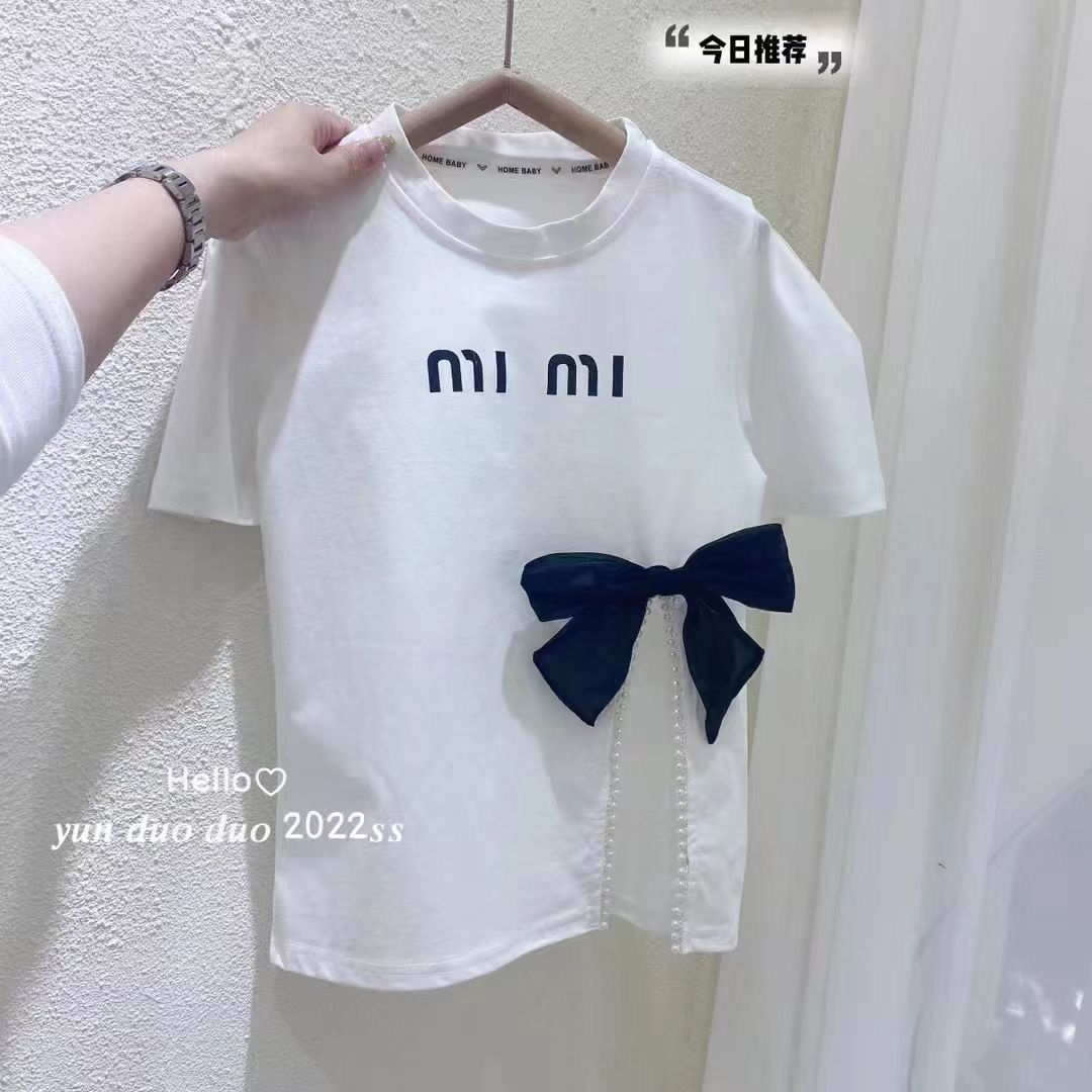 Girls t-shirt short-sleeved summer new little girl bow top fashion sweet slit children's cotton t summer trend