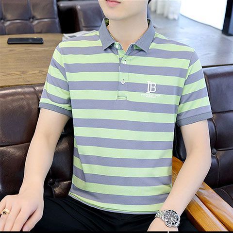 Casual short-sleeved T-shirt men's fashion all-match embroidery handsome lapel striped polo shirt summer thin section inner wear tide