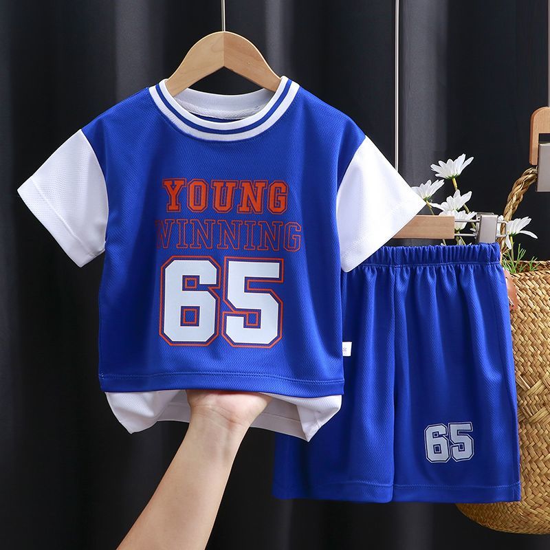 兒童夏季短袖套裝兒童夏季球服套裝寶寶運動速干套裝假兩件短袖套