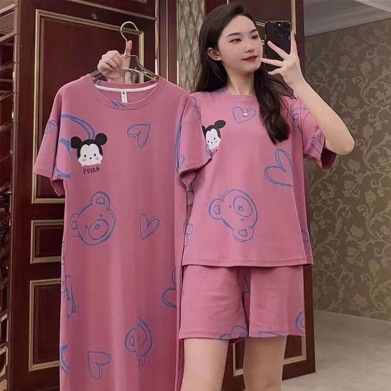 100% double-sided pajamas women's summer short-sleeved shorts nightdress three-piece suit large size student cartoon outerwear home service