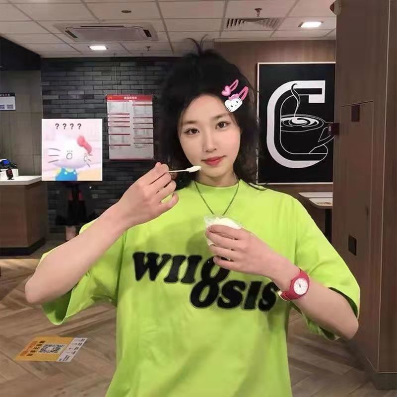 重磅熒光綠純色字母t恤夏季打底寬鬆短袖潮牌男女情侶上衣短袖女