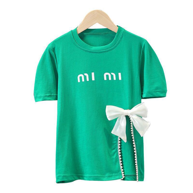 Girls t-shirt short-sleeved summer new little girl bow top fashion sweet slit children's cotton t summer trend