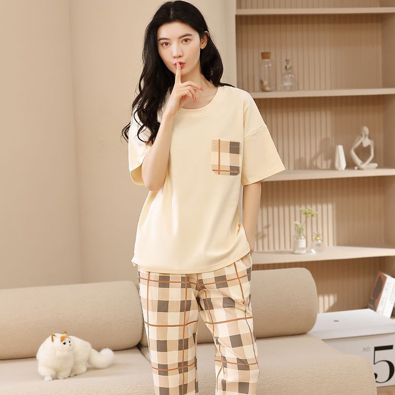 100% pure cotton pajamas ladies summer thin section Korean version loose short-sleeved trousers suit summer home clothes can be worn outside