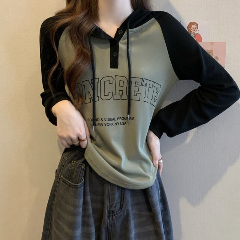 Large size Korean version of the belly cover long-sleeved bottoming shirt T-shirt women's spring and autumn fat mm thin hooded all-match top 2-300 catties