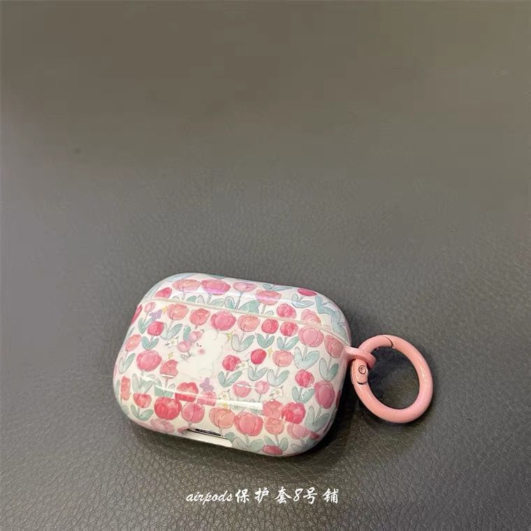 满屏郁金香花朵小兔子适用苹果蓝牙耳机保护套airpods pro2代3代