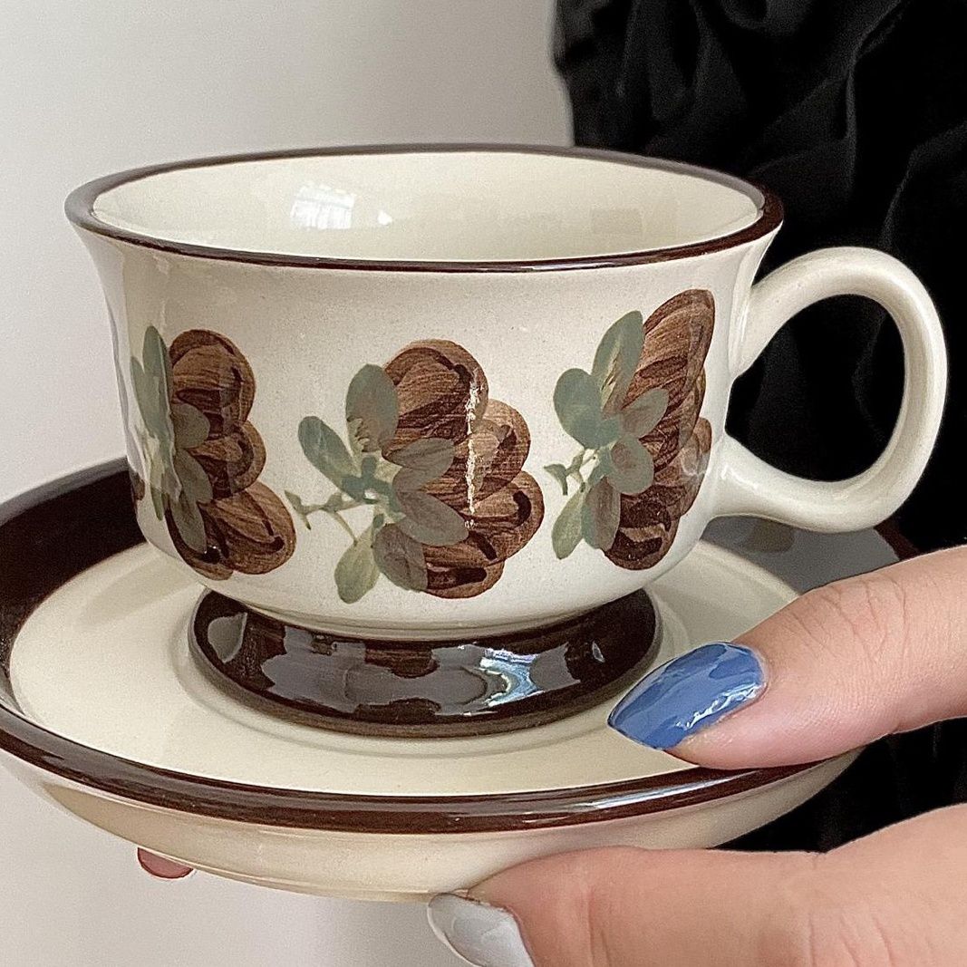 小态送勺子*芬兰中古咖啡杯碟手绘棕色铿锵玫瑰拿铁杯下午茶新款